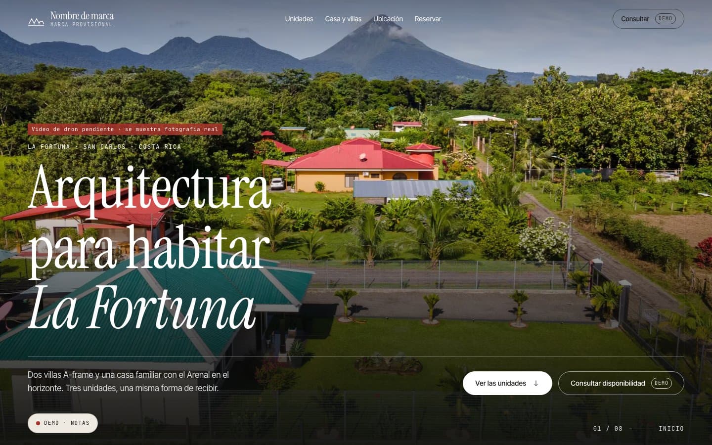 Captura del sitio web de Alojamientos en La Fortuna